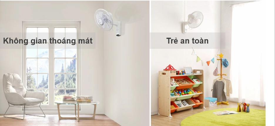 Quạt treo tường có thiết kế nhỏ gọn, treo trên tường nên giúp bạn có không gian sinh hoạt thoáng mát hơn và an toàn với trẻ nhỏ