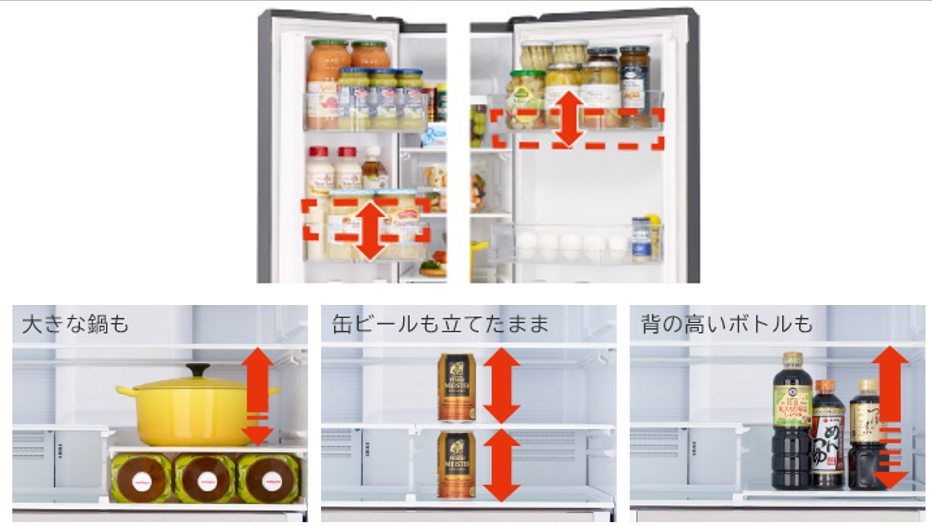 Các kệ kính cường lực, kệ cánh tủ có thể thay đổi kích thước cách linh hoạt tùy thuộc vào độ cao của thực phẩm, chai lọ.