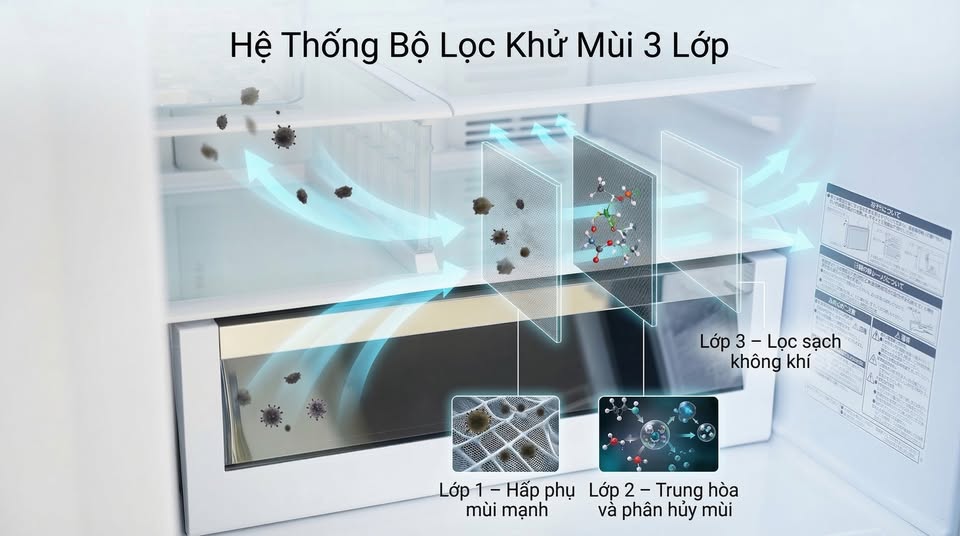 Khử mùi 3 lớp tủ lạnh Hiachi